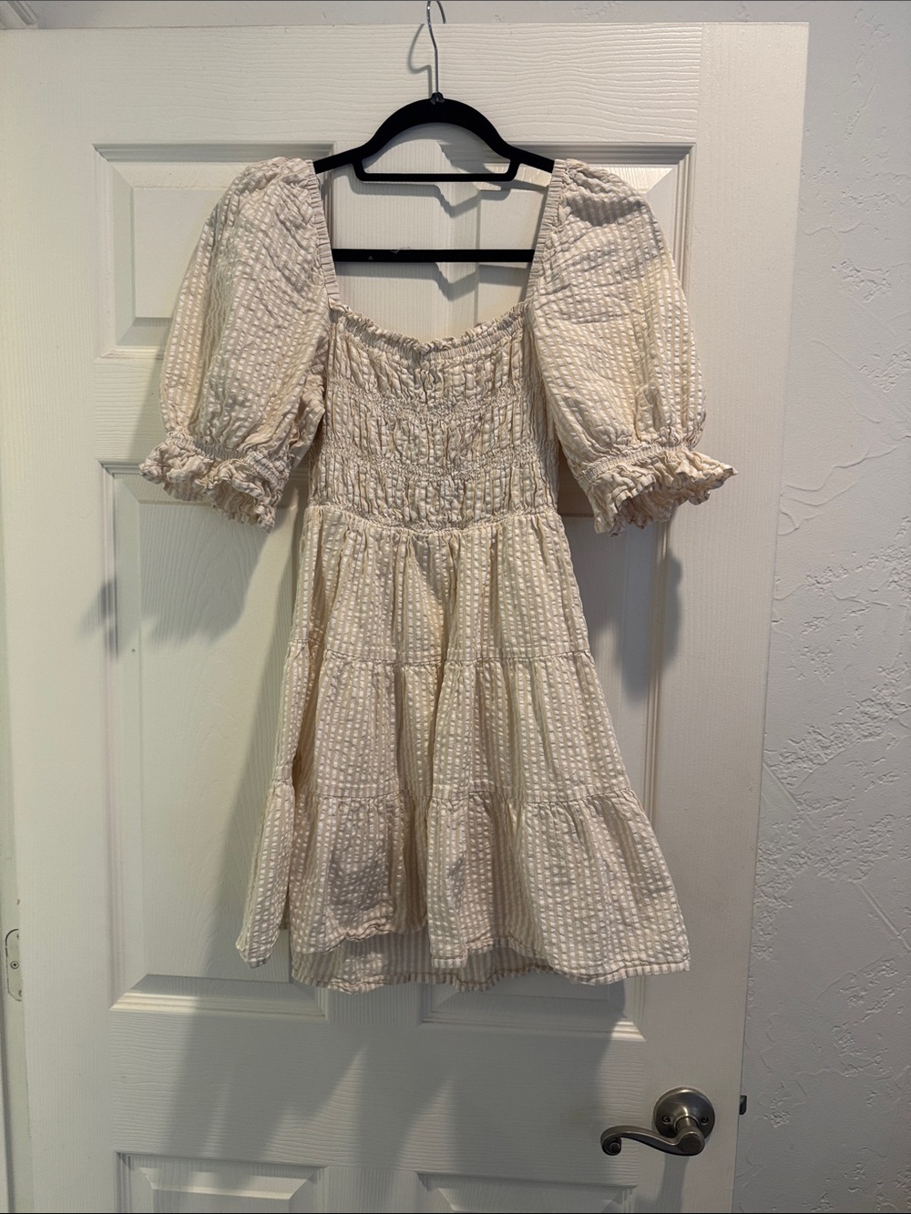 MinkPink Smocked Puff Sleeve Tiered Mini Dress — Cream